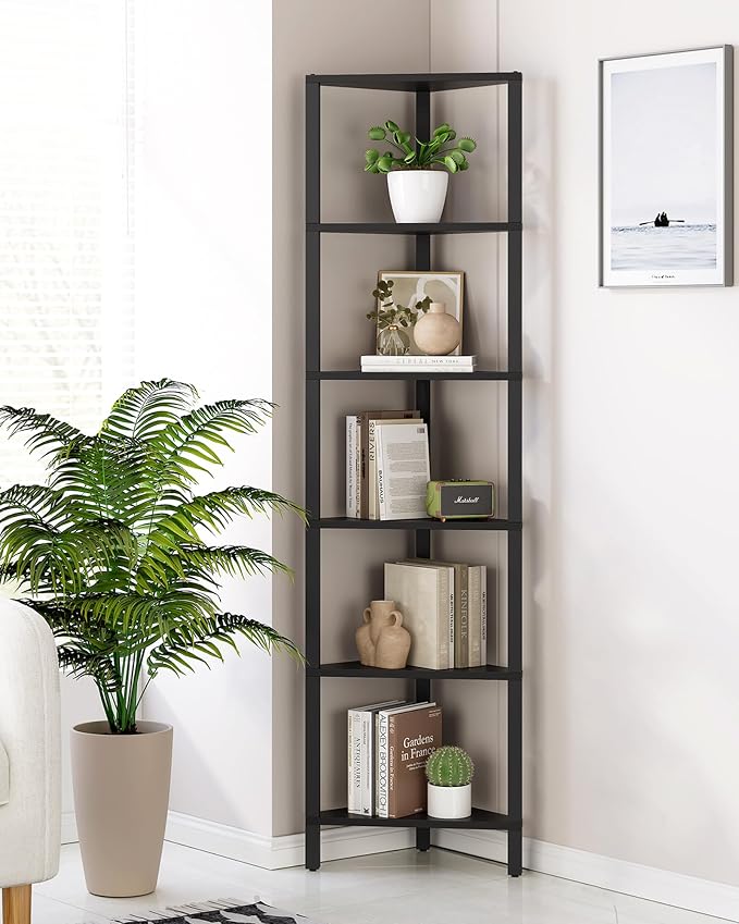 TUTOTAK Corner Shelf, 6-Tier Corner Bookshelf for Small Space | Narrow Display Corner Shelf Stand with Storage Rack, for Living Room, Bedroom, Black BS05BK006