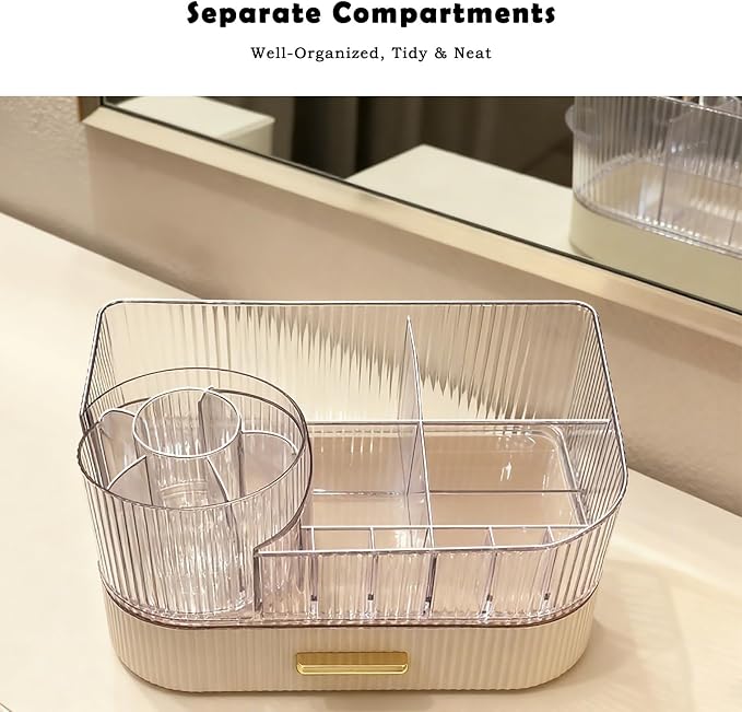 Makeup Organizer Countertop For Bathroom Vanity with Rotating Brush Holder | Make Up Organizers Storage For Vanity Counter Top With Stackable Drawer for Skincare, Cosmetic, Lipstick, Brushes & Perfume