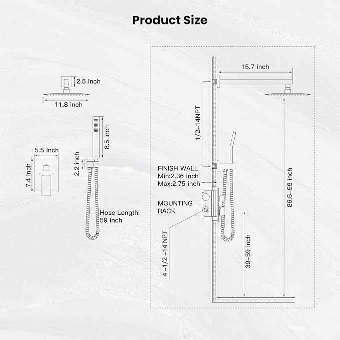 gotonovo Shower Faucet Set with Handheld Spray Polished Chrome,12'' Head | SUS304 Rainfall Shower Head and Handle Set System Fixture,Pressure Balance Valve Trim Kit,Single Handle,Wall Mount,All Metal