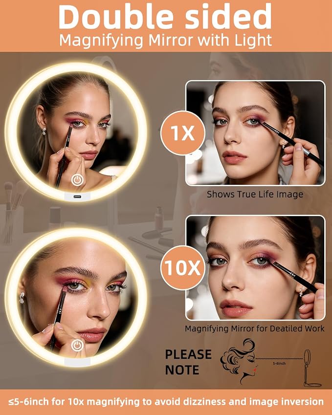 10X/1X Makeup Magnifying Mirror with Lights, 6inch Double-Sided LED Mirror | 360° Rotation Folding Bracket, 3 Color Dimmable Lights, Rechargeable 1500mAh Battery, Desktop 1X/10X Travel Magnifying Mirror