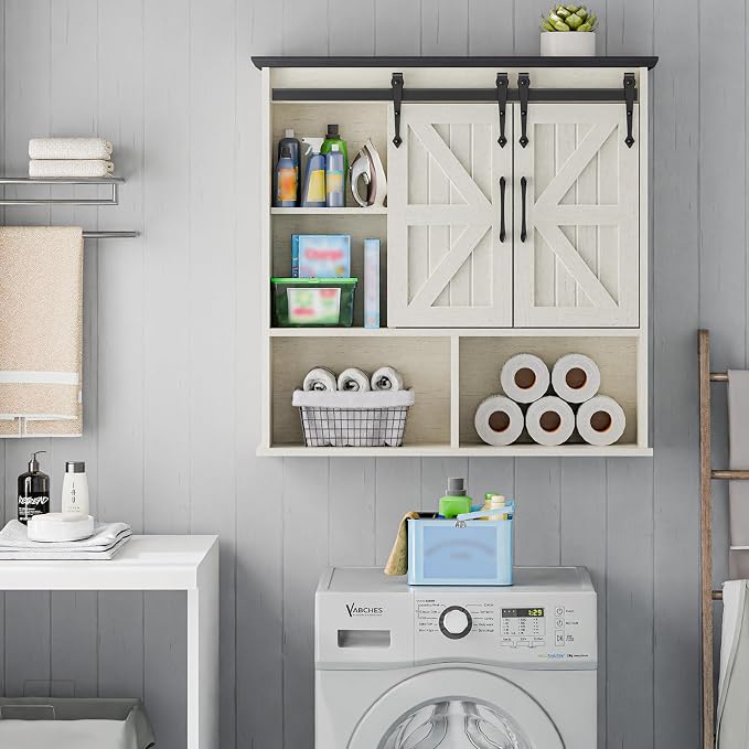 Vabches Bathroom Wall Cabinet, Farmhouse Medicine Cabinet, White and Black | Wooden Vintage Storage Cabinet Wall Mounted with Double Sliding Barn Door and Adjustable Shelf for Bathroom, Kitchen
