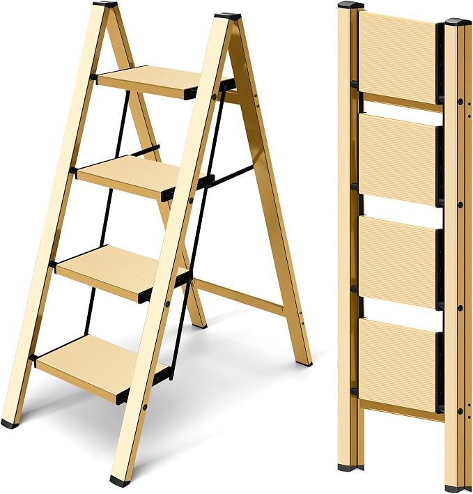 Taranta 4 Step Stool Foldable,Aluminum Step Ladder-Gold | Lightweight,Wide Anti-Slip Pedals,Folding Step Stool,330lbs Capacity Stepladder for Household,Kitchen,Office