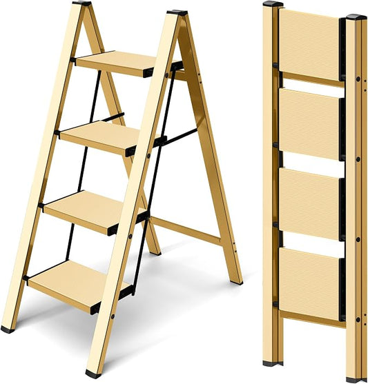 Taranta 4 Step Stool Foldable,Aluminum Step Ladder-Gold | Lightweight,Wide Anti-Slip Pedals,Folding Step Stool,330lbs Capacity Stepladder for Household,Kitchen,Office