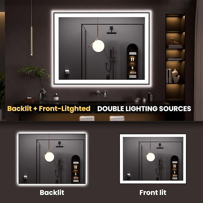 LOAAO 48"X36" LED Bathroom Mirror Black Framed | Anti-Fog, Dimmable, Memory Function, Tempered Glass, Lighted Vanity Mirror for Wall