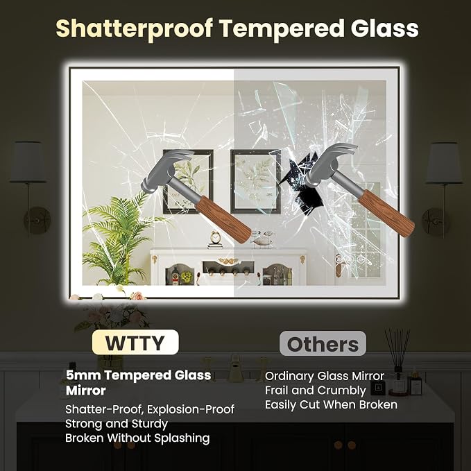 WTTY 40"x30" LED Bathroom Mirror with Black Frame | Aluminum Alloy Framed, Anti-Fog, Dimmable, 3 Color Temperature, Memory Function, Tempered Glass, Lighted Vanity Wall Mirror