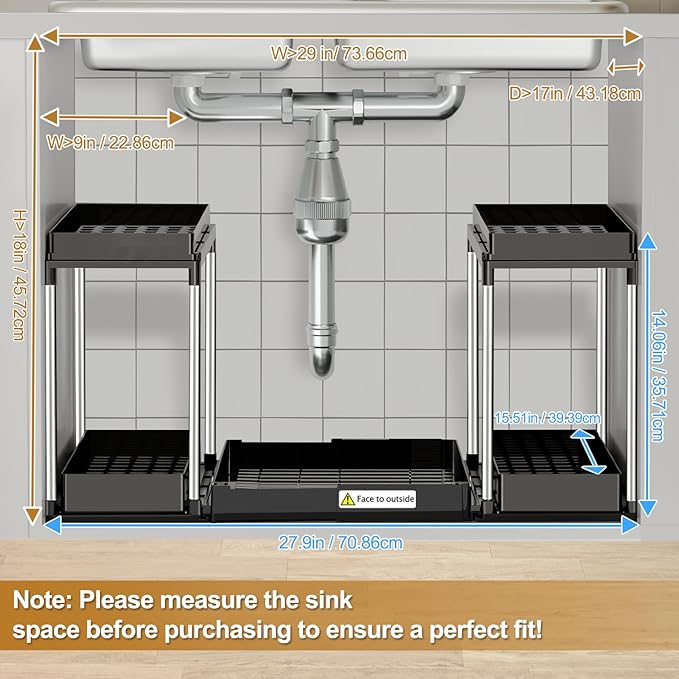 NIUXX Expandable Under Sink Organizer: 2 Tier Under Cabinet Organizer - Double Pull Out Shelf Under Sink Storage for Kitchen - Bathroom and Laundry Room - Space Saving