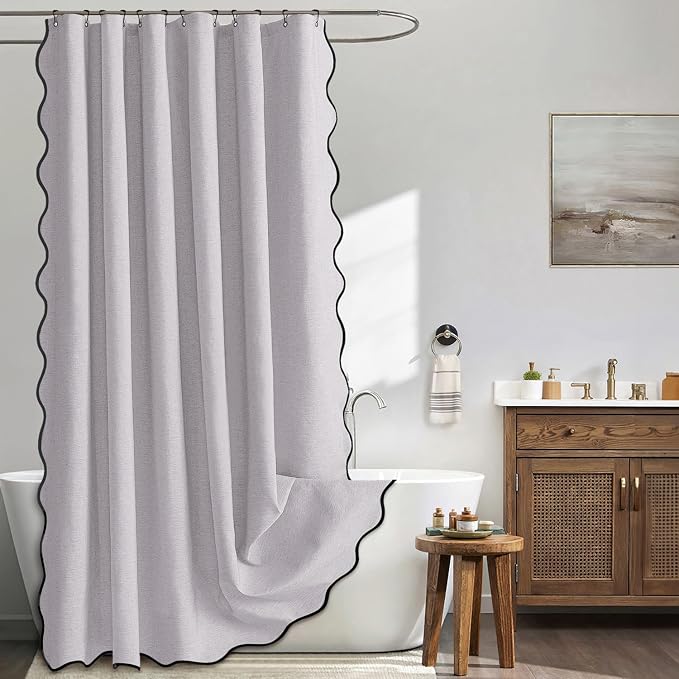 MIULEE 72"x84" Extra Long Scalloped Linen Shower Curtain Lavender | Linen Textured, Waterproof, Washable, 12 Metal Hooks, Heavy Duty Cloth, Black Border, Shower Curtain for Bathroom Bathtub