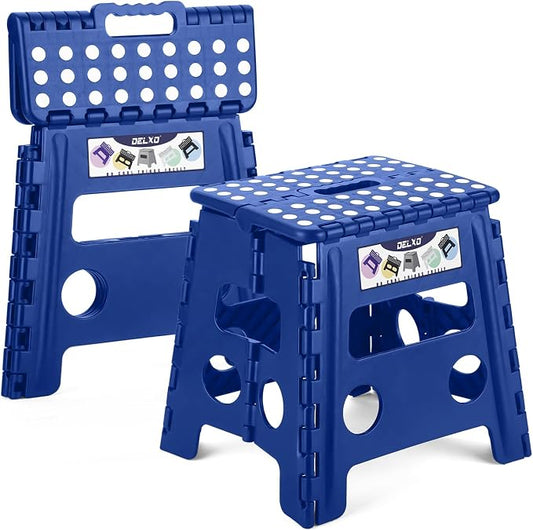 Delxo Folding Step Stool 13 inch 2 Pack,300 Lbs Step Stool for Kids&Adults | Foldable Step Stool,Non-Slip Foot Stools with Handle Lightweight Collapsible stools for Kitchen,Bathroom,Bedroom,Garden Blue