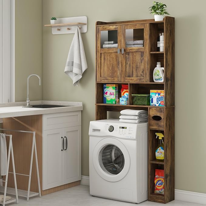 Vabches Over The Toilet Storage Cabinet with Doors and Shelves, Brown | Freestanding Home Space Save Toilet Rack, with Adjustable Shelves for Restroom, Bathroom, Laundry