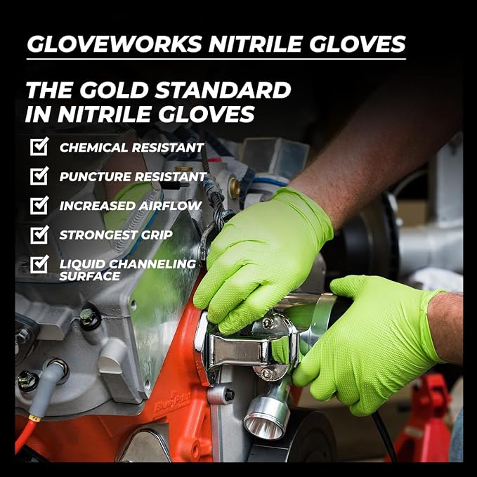 GLOVEWORKS Green Nitrile Gloves 8 Mil Heavy Duty Texture Chemical Resistant | Mechanic and Cleaning Gloves, Suitable for Heavy Duty Industrial Use, Chemical Resistant, HIgh-Visibility Color, Bulk Options