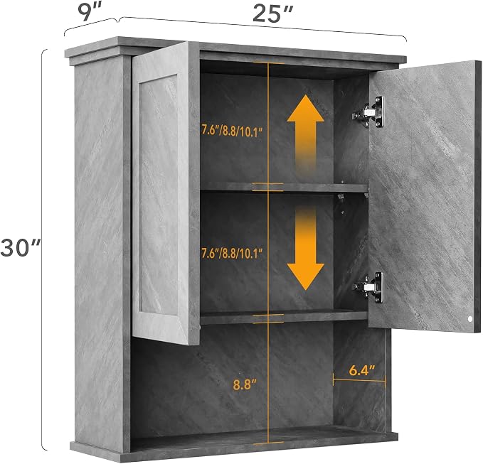 VANIRROR Bathroom Wall Cabinet Over Toilet Storage Cabinets 25x30 inchs | Above Toilet Wood Medicine Cabinets for Kitchen Wall Mounted Cabinet with 2 Door & Adjustable Shelf Texture Grey