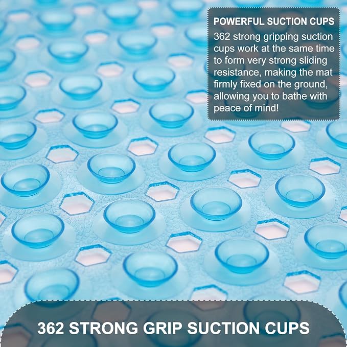 TEESHLY Bath Tub and Shower Mats, Non Slip 40 x 16 Inch Extra Large Bathtub Mat, Machine Washable Bathmat with Drain Holes, Suction Cups for Bathroom Floor, Clear Blue