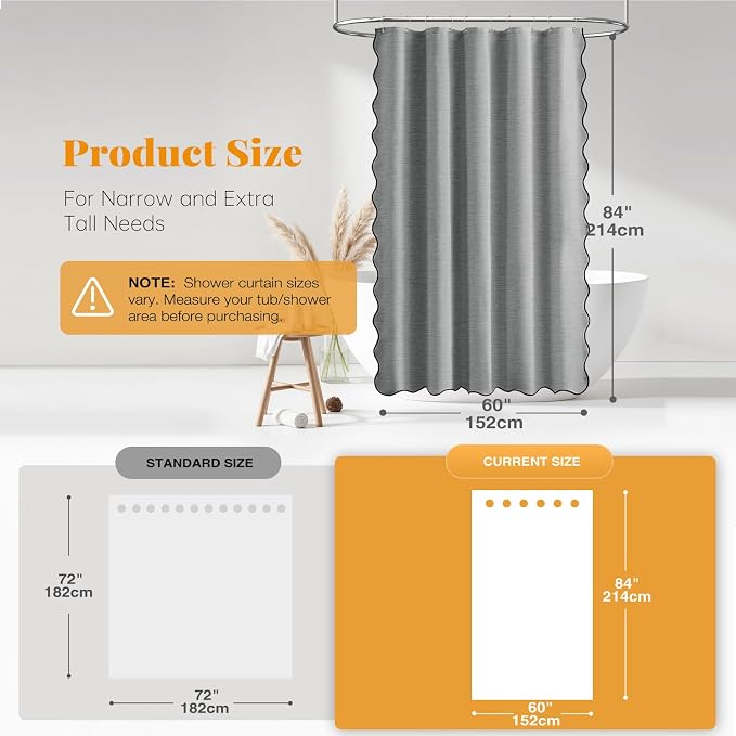 Boho Scalloped Linen Textured Cloth Shower Curtain, 60x84, Grey/Gray | Narrow Long Size, 230GSM Waterproof Polyester, Heavy Duty Fabric, 10 Plastic Hooks, Modern Farmhouse Style, Machine Washable