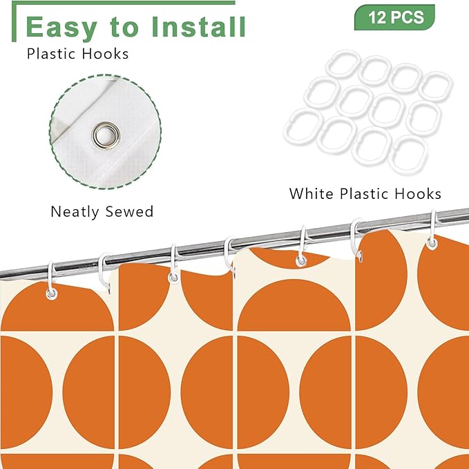 Orange Mid Century Modern Shower Curtain, Retro Geometric Abstract Shower Curtains for Bathroom‌, Boho Unique Pattern Waterproof Polyester Fabric Bathroom Accessories Set 12 Hooks 72X72IN
