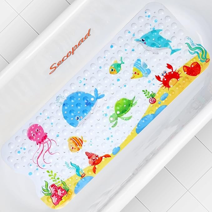 Secopad Bathtub Mat Non Slip, Cute Bath Tub Mat, 40" x 16", Little Whale | Rectangular, Anti-Slip, Machine Washable, with Drain Holes and Suction Cups,For Bathtub and Shower Floor, for Toddler & Kids