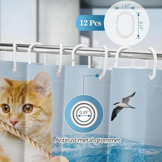 Aimego Extra Long Shower Curtain - Funny Cute Cool Cat Riding Shark Ocean Wave Fun Fabric Cloth Shower Curtain Set with 12 Hooks for Adults Kids Bathroom Decor Accessories Bathtub Curtain, 72"x78"