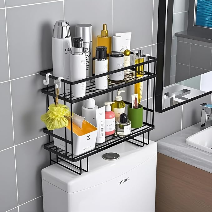 PowerKing Over The Toilet Storage Shelf, 2-Tier Bathroom Organizer, Black | No Drill Installation, Rust Resistant Steel, 2 Hanging Hooks, Toilet Paper Holder, Restroom & Bathroom Space Saver