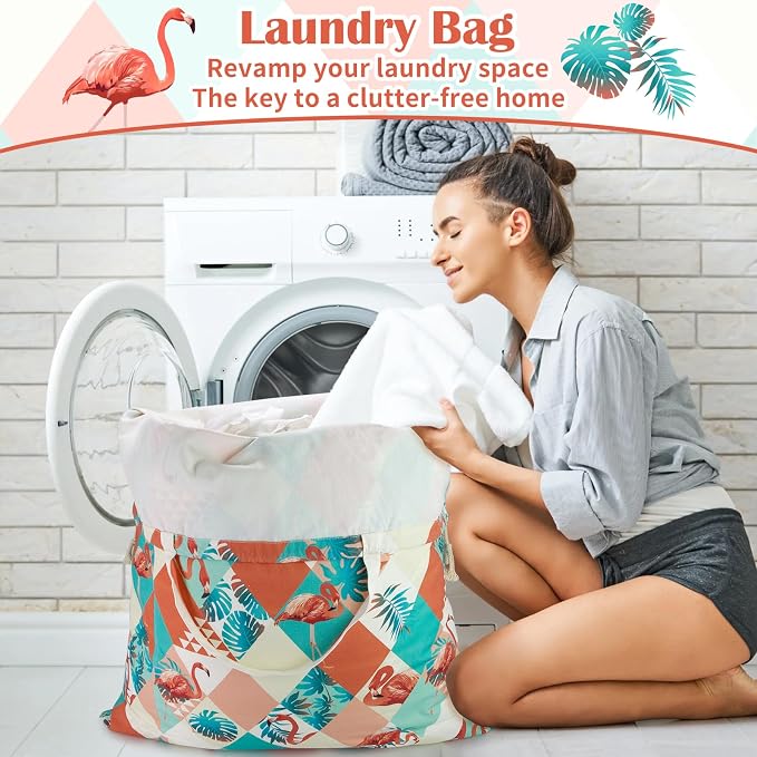 Canvas Laundry Bag with Handles & Drawstring 30"Wx35"H, L+ Pink Flamingo | Thick Canvas Storage Bag, Large Heavy Duty Washable Dirty Clothes Travel Sack, for Camp, College Dorm, Laundromat, 1 Pack