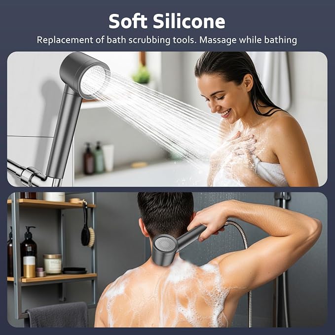 Filtered Shower Head with Handheld, High Pressure Water Flow and Multiple Spray Modes Shower Head with Filter, Power Wash for Hard Water, Showerhead with ON/OFF Switch for Pets Bath (Stone Gray) | 3 Spray,Silicone Massage Brush,Detachable Showerhead,Re...