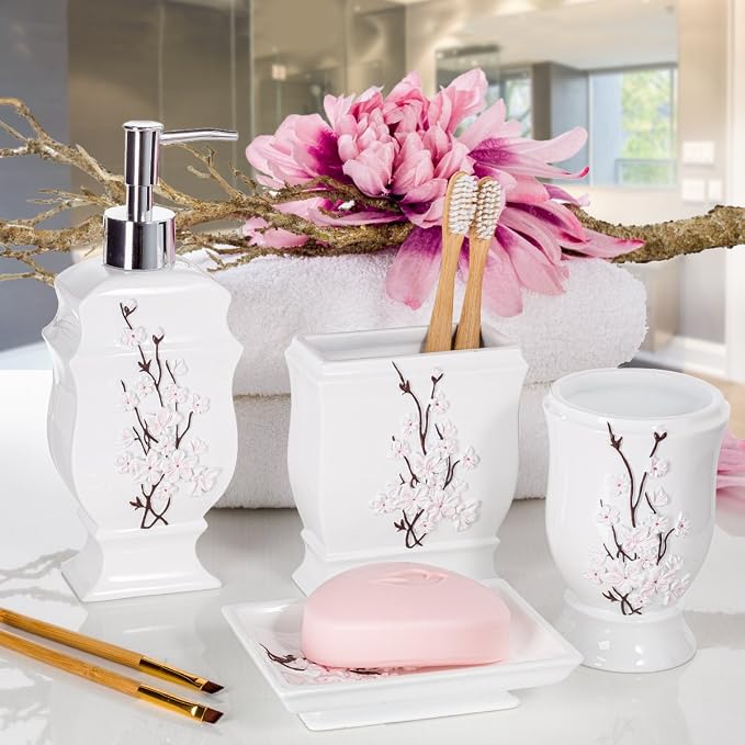 Vanda Cherry Blossom 4 Piece Resin Bathroom Accessories Set | Includes Soap Dispenser, Toothbrush Holder, Tumbler Cup & Soap Dish