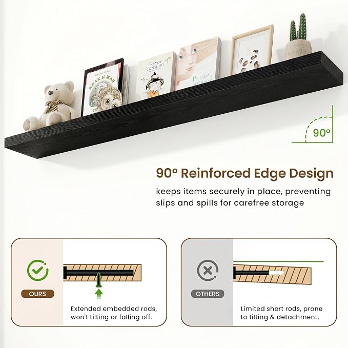 Marsmiles 9.25in Depth 72in Floating Shelves, 72x9.25x1.4, Black, Set of 1 | Long Wall Mounted Engineered Wood Shelves for Wall with Invisible Brackets for Living Room, Bedroom, Bathroom, Kitchen