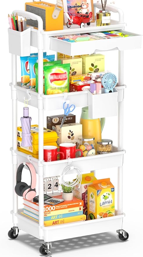 SUNALLY 4 Tier Rolling Cart with Drawer, Craft Storage Cart Organizer,White | Bathroom Storage Organizer with 2 Lockable Wheels, Rolling Utility Cart for Kitchen, Office, Baby, Makeup, Nail,Snack,Laundry