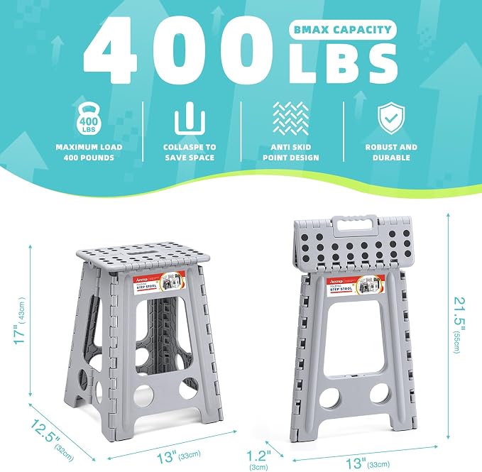 17.5 Inch Heavy Duty Folding Step Stool for Adults, 400 lbs, Grey | Collapsible Stepping Stool for Adults with Handle and Non-Slip Surface, for Kitchen, Garage, Bedroom and Outdoor Tasks