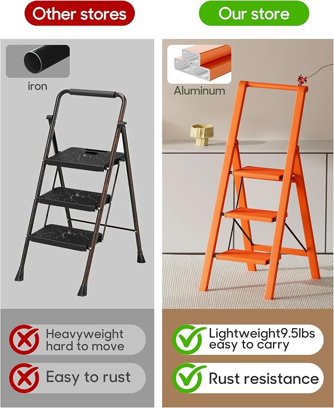 HillhutApex Aluminum 3 Step Ladder, Step Stool Foldable Ladder(Orange) | Stepladder with Handgrip,Anti-Slip Pedals,330lbs Capacity,Lightweight Portable Folding Ladder for Home,Office,Libaray