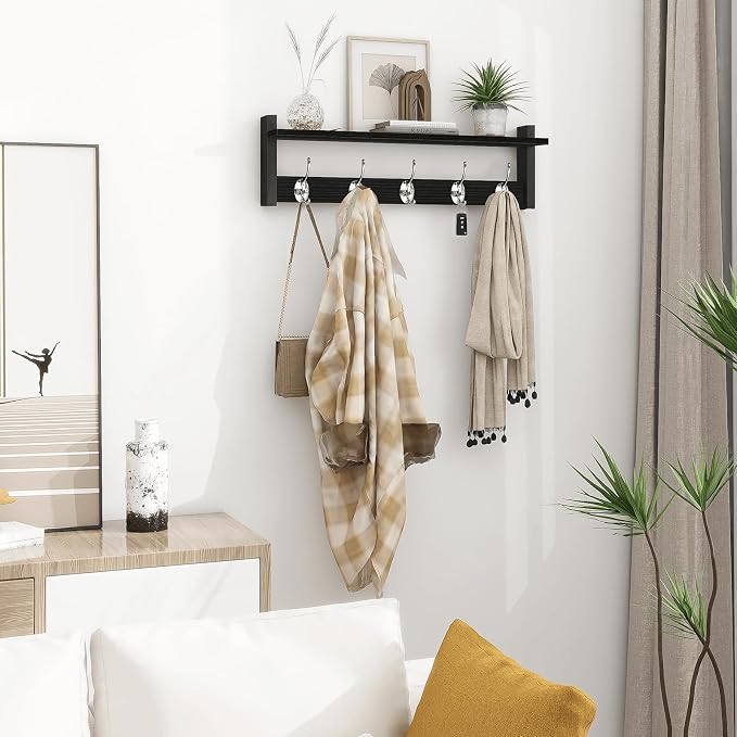 Coat Rack Wall Mount with Shelf, 24" Long Entryway Shelf with Hooks Underneath, Wooden Coat Hanger for Hanging Hats, Bathroom Towels, Clothes, Black