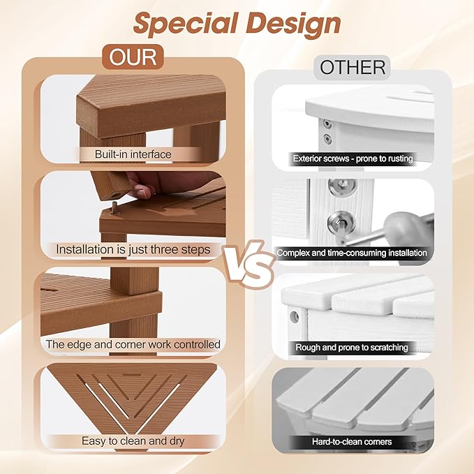 Corner Shower Stool with Storage Shelf, HDPS Waterproof Shower Foot Rest for Shaving Legs, 2-Tier Triangle Bathroom Stool for Inside Shower, Non-Slip Small Shower Bench, Teak Color