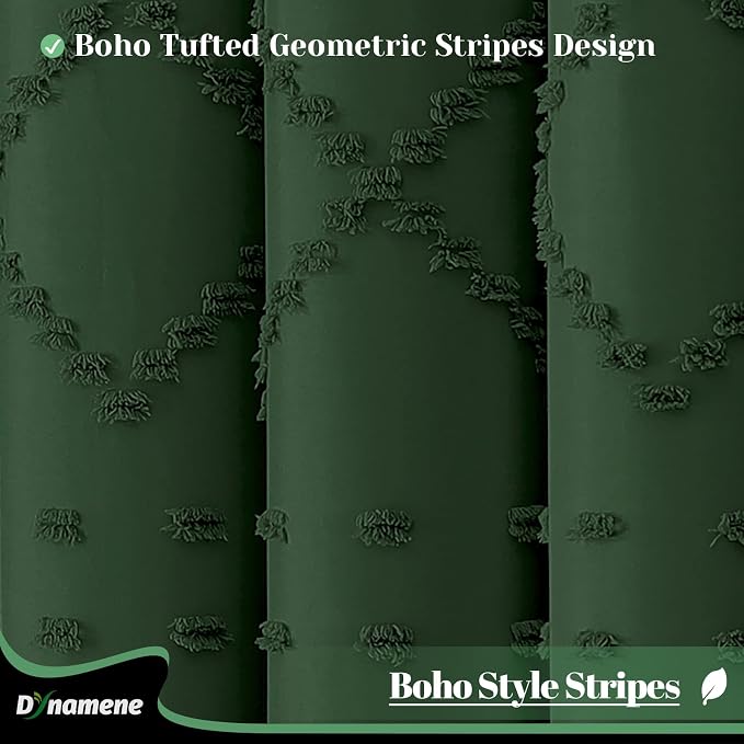 Extra Long Boho Shower Curtain Tufted Geometric 72"x96" Dark Green | 96 Inch Tall, Elegant Tassel, Lightweight Textured Fabric, Water Repellent, Washable, Hotel Spa, for Bathroom/Dorm 12 Hooks