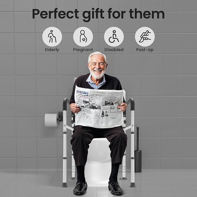Careboda Toilet Safety Rails, Toilet Frame for Seniors, 300lbs Capacity | Foldable Toilet Handles, Toilet Rails Adjustable for Elderly & Disabled, Non-Slip Foot Mats, Easy to Store, Fit Most Toilets