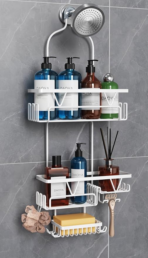 DAOYA Over the Shower Head Caddy, White Shower Caddy Hanging, 3 Tier Anti-Swing Bathroom Organizer with Soap Holder & Hooks