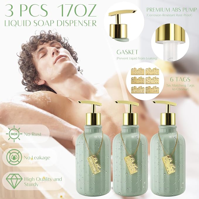 17PCS Bathroom Accessories Set, Green Bathroom Set Bathroom Accessories Set with Trash Can, Toilet Brush, Toothbrush Holder, Qtip Holder & 3PCS Soap Dispenser