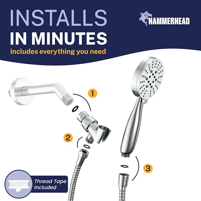 HammerHead Showers® Solid Metal 3-Spray Handheld Shower Head with Long Hose and Holder - CHROME - 2.5 GPM High Pressure Shower Head with Handheld Sprayer - WIDE, MASSAGE, and MIST Sprays
