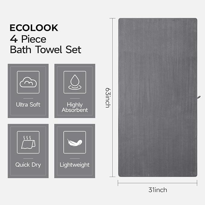 ecolook Microfiber Bath Towels Set of 2, 31 x 63 Inch Extra Large Bath Towel Set, Super Soft & Highly Absorbent, Quick Dry Lightweight Towels for Bathroom, Gym, Spa, Pool & Travel, Camel & Gray