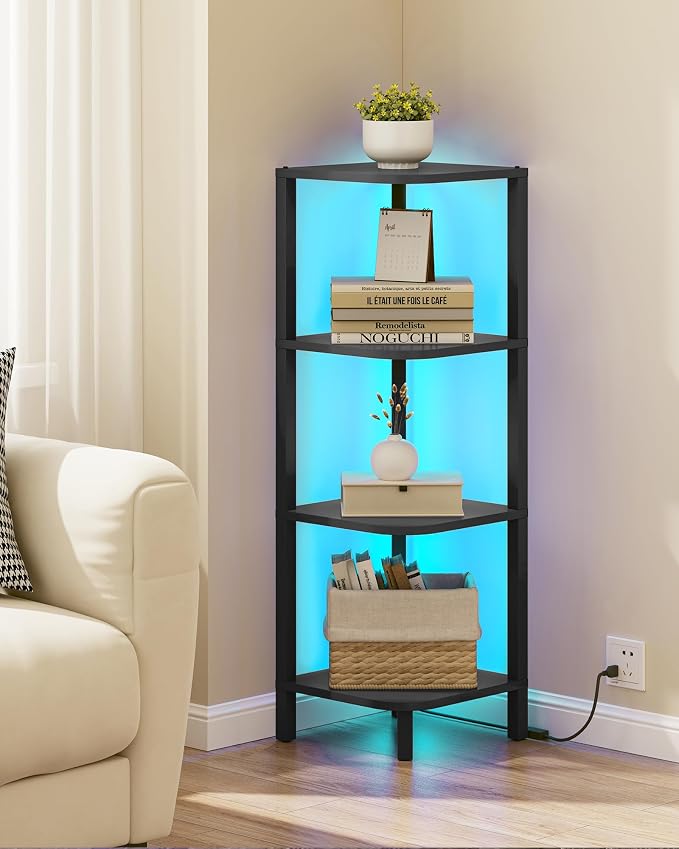 TUTOTAK Corner Shelf, 4-Tier Corner Bookshelf for Small Space | Narrow Display Corner Shelf Stand with Storage Rack, for Living Room, Bedroom, Black BS08BK004L