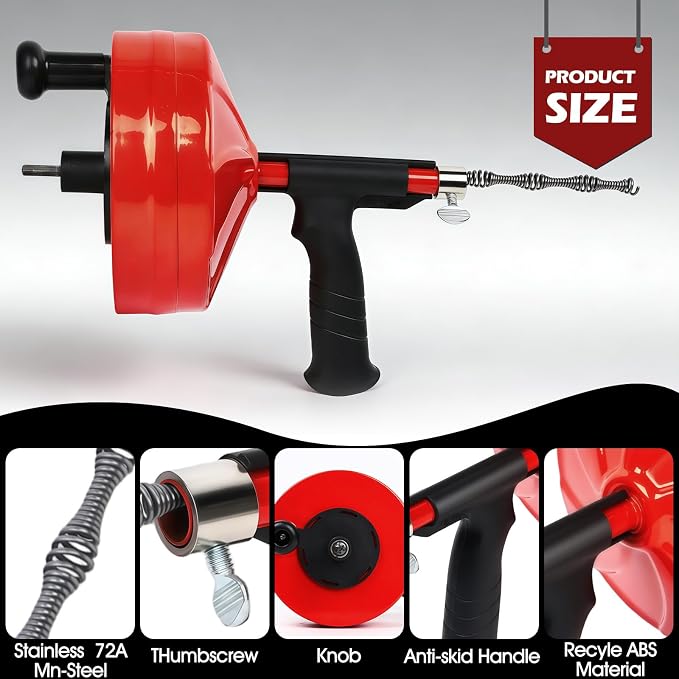 50 Ft Drain Auger,Use Manually or Drill Powered 50 Feet Drain Snake,Heavy Duty Flexible Plumbing Snake,With Gloves and Storage Bag for Kitchen Sink, Shower Drain (50FT, Red)