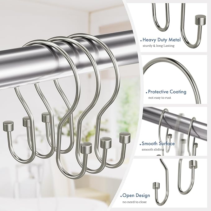 Bathway Shower Curtain Hooks, 24Pcs Nickel Shower Curtain Rings with Cylindrical Design, Metal Shower Curtain Hooks Rust Proof, Smooth Glide Double Shower Hooks Rings for Shower Curtain
