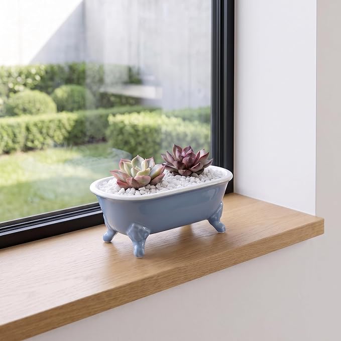 6.5" Ceramic Mini Clawfoot Bathtub Soap Dish, Blue | Decorative, Kitchen Sponge Holder, Shower Tray, 1 Pack
