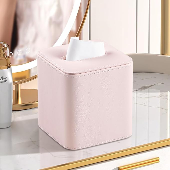 PU Leather Tissue Box Cover Square Tissue Box Holder, Pink | Magnetic Closure, Rounded Edges, Fits All Standard Cube Tissue Boxes, Decorative Tissue Holder for Living Room Bedroom Office