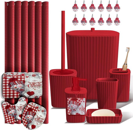 Clara Clark Christmas Bathroom Accessory Set - 22PC, Complete Set + Bath Rugs, Modern, Red & White, Polyester | 22 Piece Complete Xmas Bathroom Set with Toothbrush Holder, Soap Dispenser, Soap Dish, Toilet Brush, and Bathroom Trash Can
