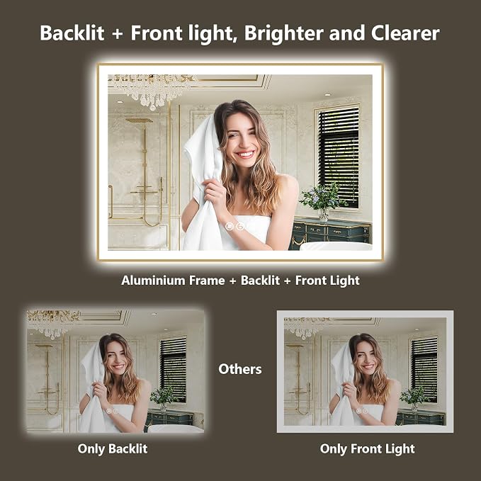 72x32 LED Bathroom Mirror with Lights, Gold Framed Lighted Mirror | Backlit and Front light, Anti-Fog, 3 Color Dimmable, Memory, Tempered Glass, IP54 Waterproof, UL Listed