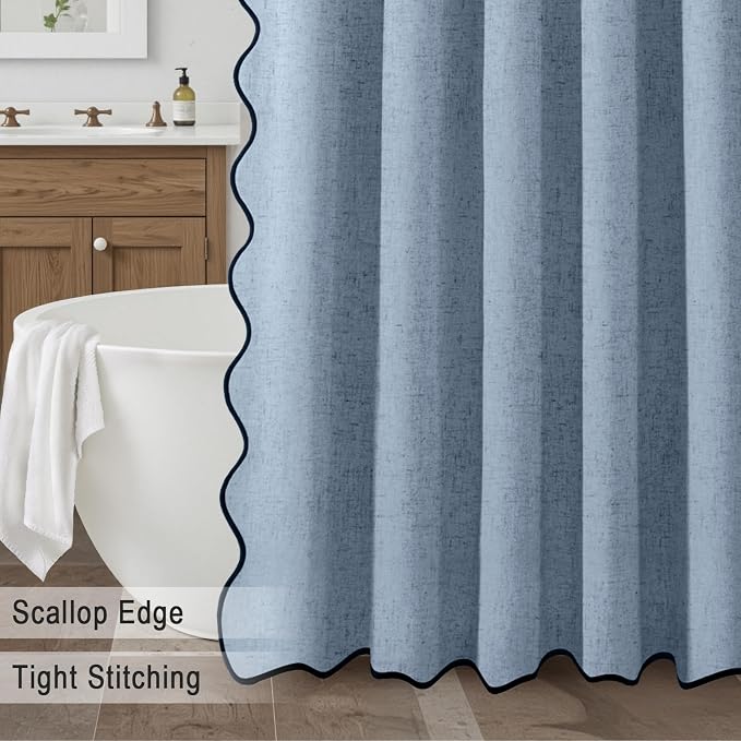 Scalloped Shower Curtain Linen Boho Flax Blue Grey 72" W x 72" L | Linen Fabric, Black Border, Washable, Heavy Duty Cloth, Shower Curtain for Boho Farmhouse Bathroom Bathtub