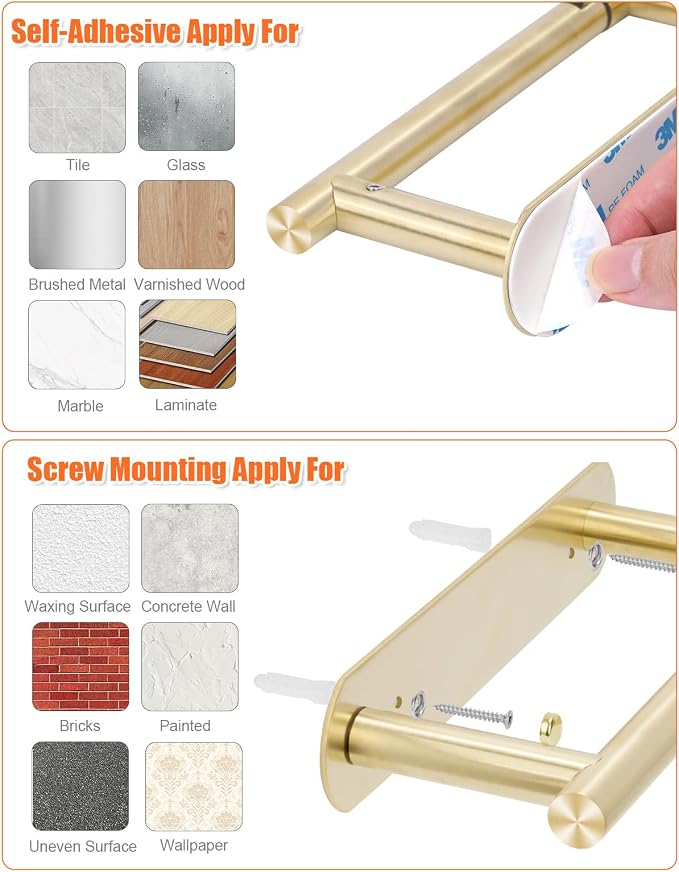 YUET Toilet Roll Holder, Self Adhesive or Screw in Wall Mounted Options, Double Post Pivoting Tissue Roll Holder, Stainless Steel Rustproof Stick On No Drilling Wall Mount for Bathroom, Brushed Gold