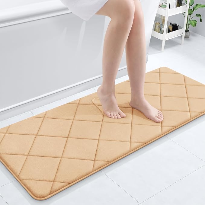 OLANLY Memory Foam Bath Mat 47x20, Ultra Soft and Absorbent Bathroom Rugs | Beige, Quick Dry, Machine Washable Shower Bath Rugs, Comfortable Bath Carpet for Bathroom Floor, Tub and Shower