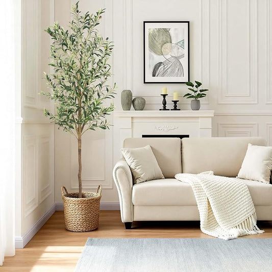 Artificial Fake Olive Tree 6FT 1Pack Faux Olive Tree for Home Decor | Faux Artificial Plants Indoor Fake Potted Plants with Natural Olive Branches and Realistic Leaves for Living Room Decor