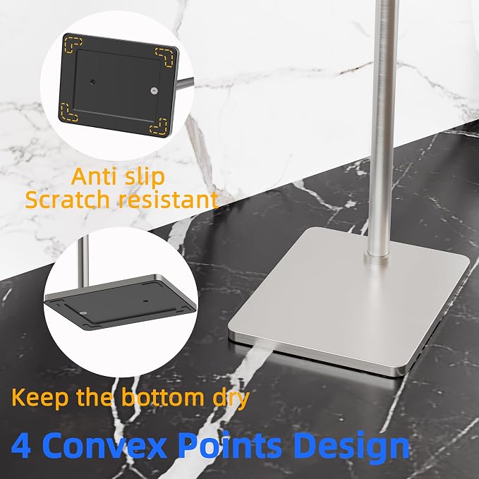 RUACQ Bathroom Toilet Paper Holder Stand, Brushed Nickel | Dual-Post Pivoting Free Standing Toilet Roll Holder with Weighted Base, Anti-drop Design 304 Stainless Steel Tissue Stand