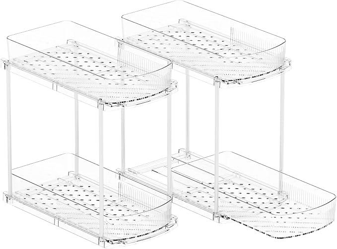 2 Pack 13.8″ Deep 2 Tier Under Sink Storage Organizer,Large Pull Out Bathroom Organizers and Storage,Slide Out Acrylic Undersink Storage Shelf,Kitchen Under Sink Organizer for Cleaning Products