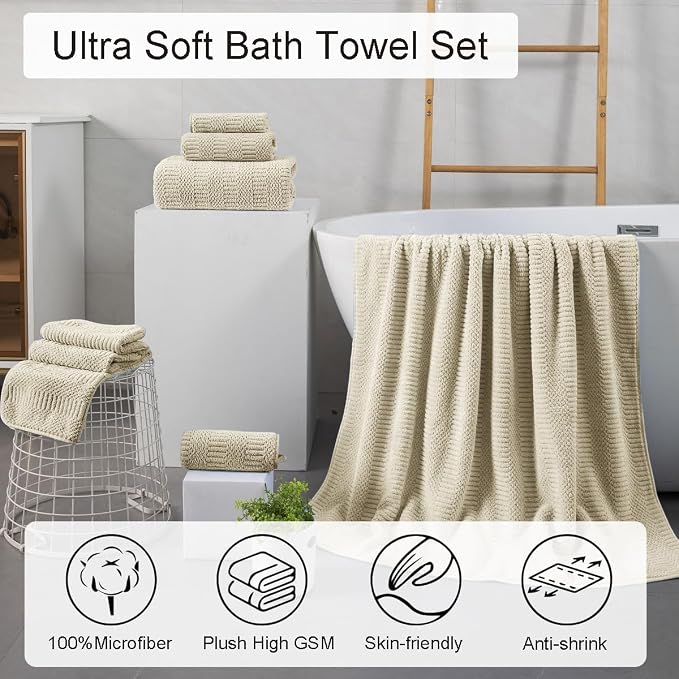 8 Pcs Camel Oversized Bath Towel Set-2 Extra Large Bath Sheets,2 Hand Towels,4 Washcloths Soft Bathroom Towels Highly Absorbent Quick Dry Beach Chair Towels Woven Towels for Hotel and Spa
